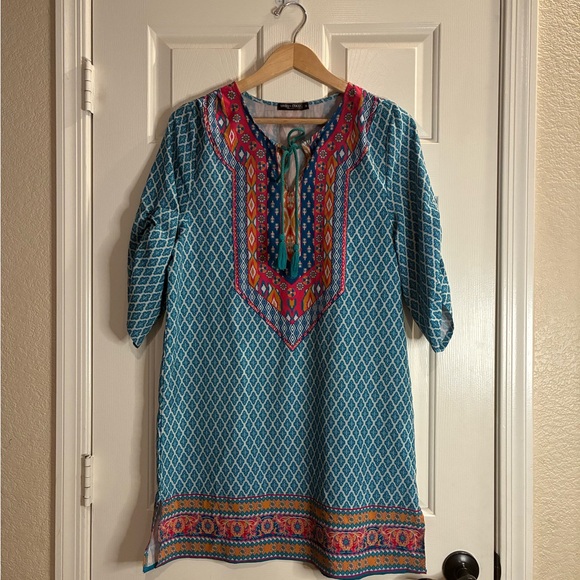 Urban Coco Tops - Vibrant Blue and Red Patterned Tunic Top